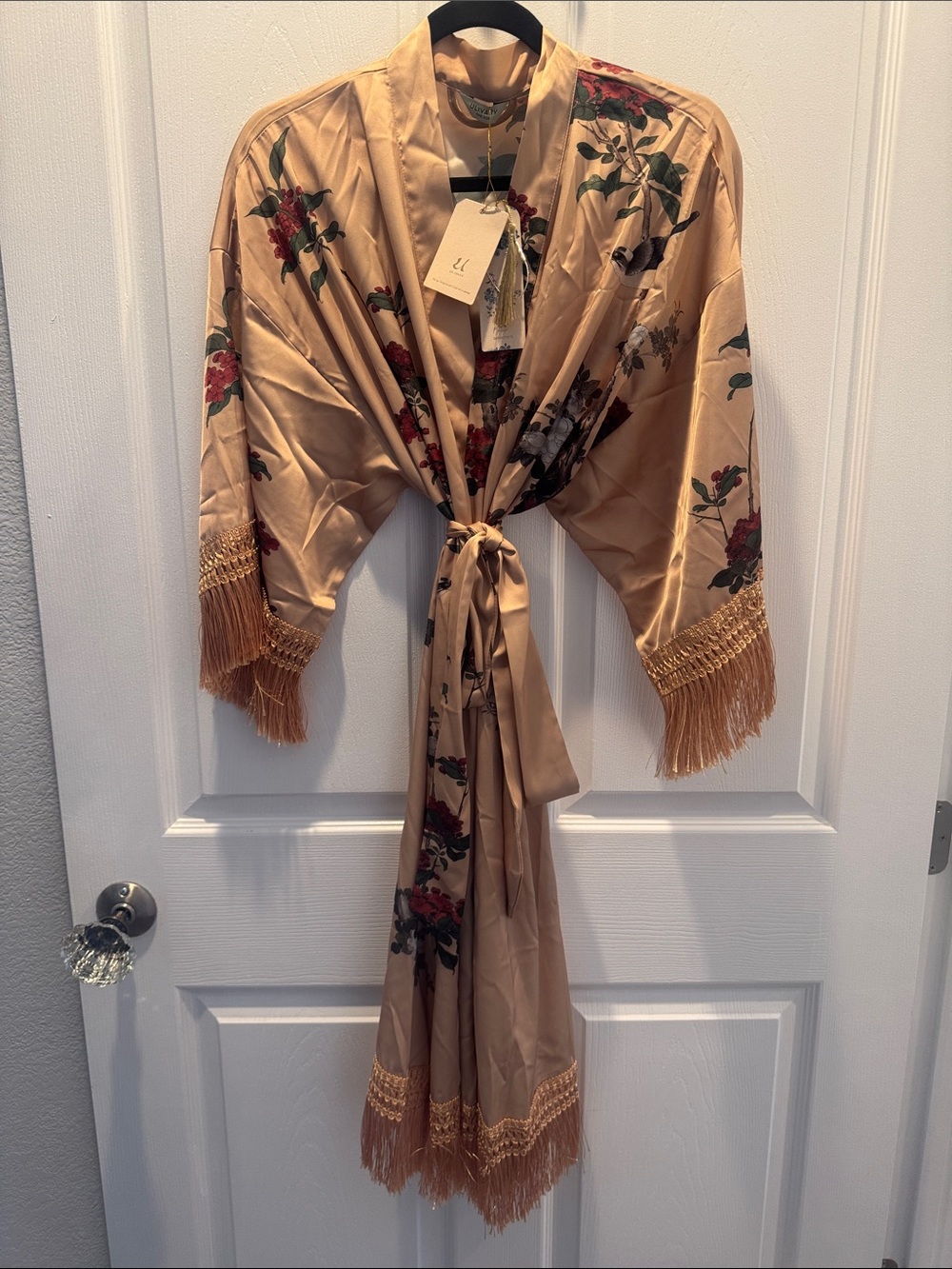 Fringed Floral Satin Robe in Champagne